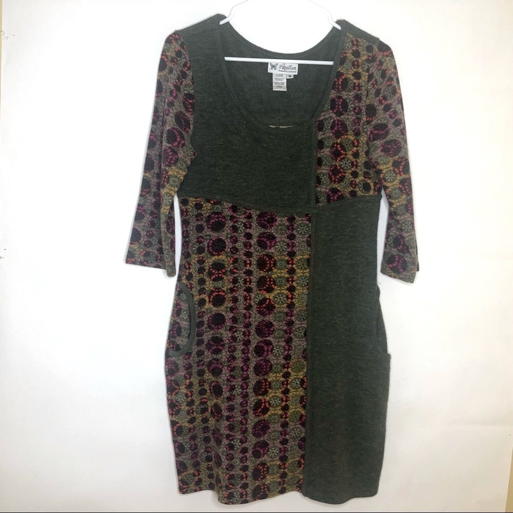 PAPILLON mini shift dress in green, black, pink, and gold S